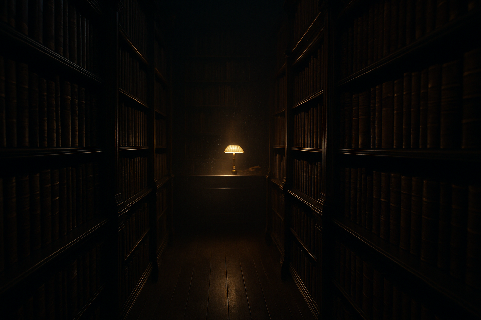 Corredor escuro de biblioteca com uma lâmpada ao fundo